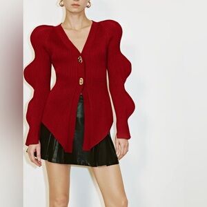 Urban Revivo Wave Sleeve V-Neck Knitted Cardigan Red NWT